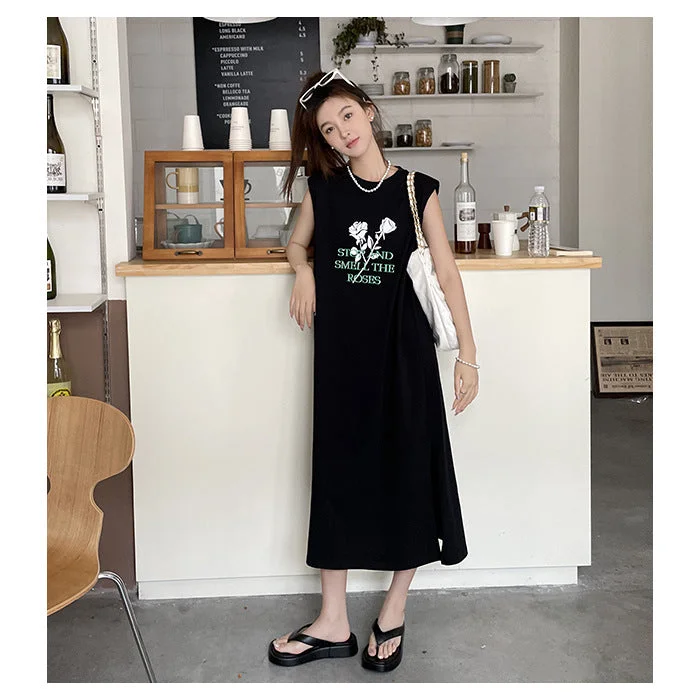 NiDELL Summer Korean Style Large Size Women's Sleeveless Dress Women's New Loose Dress Mid-Length T-shirt Skirt Tank Top Nightdress