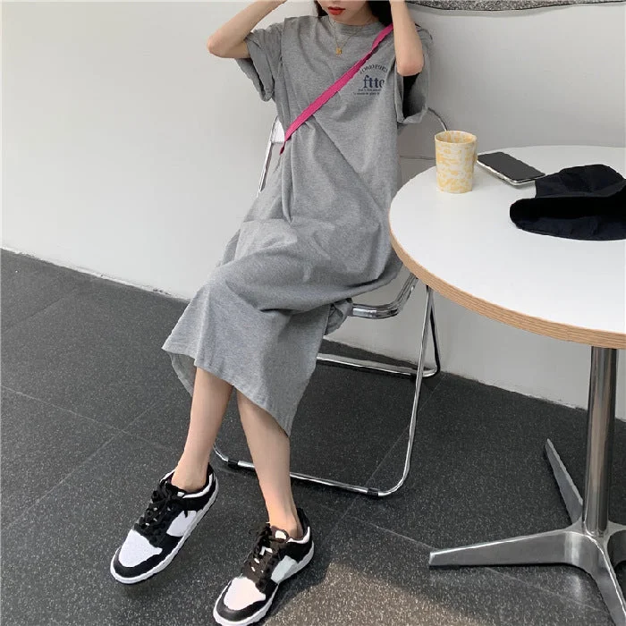 NiDELL Summer Korean Style plus Size Women's Loose Slit Overknee T-shirt Skirt Casual Simple Western Style Letter Print Dress