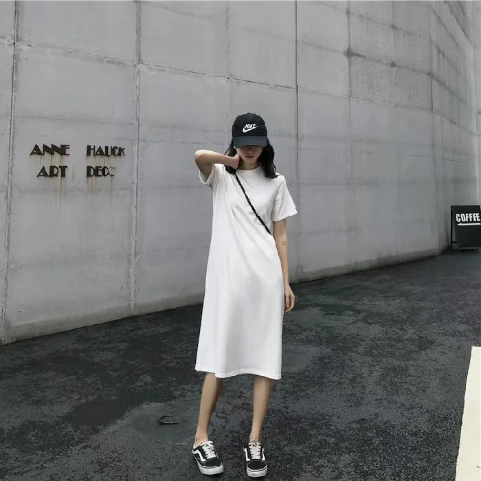 NiDELL Summer Korean Style Women's Clothing Long T-shirt Skirt Girlfriends Slimming Loose Fashion Mid-Length Short Sleeve Straight Dress Fashion