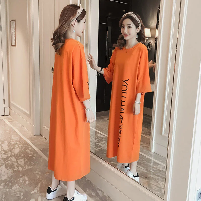 NiDELL Summer Long Short Sleeve Female Dress over the Knee T-shirt Dress Loose plus Size Casual Plump Girls Letter Sleeping Dress