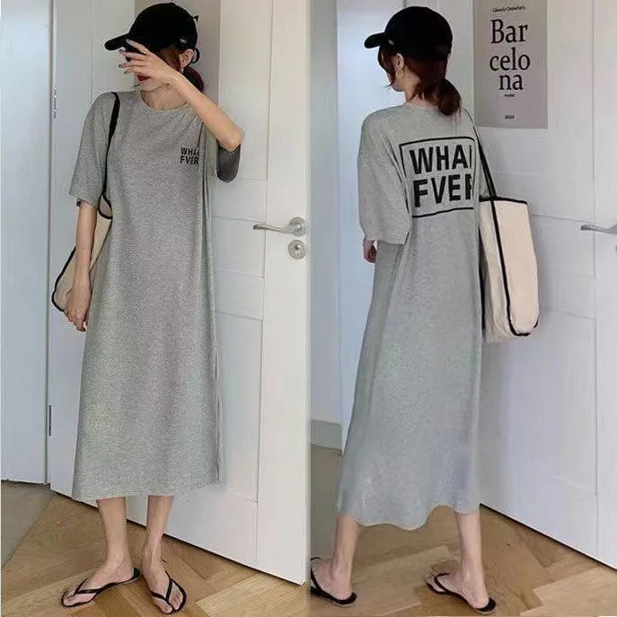 NiDELL Summer Loose Casual Large Size New Lazy Wind over the Knee Letter Printed Dress Large Size Simple Split Dress Fashion