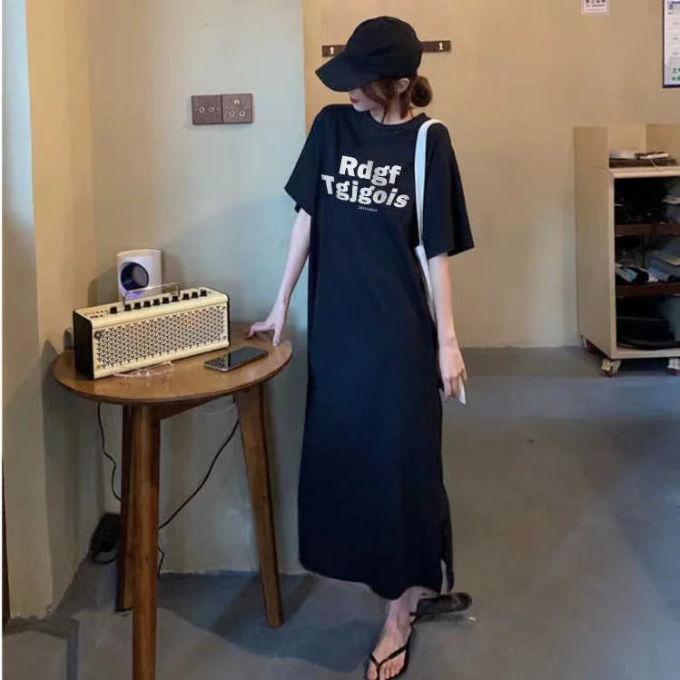 NiDELL Summer New Korean Fashion Nightdress T-shirt Women Floral Print Slit Dress Loose Split Simple plus Size Women's Clothing