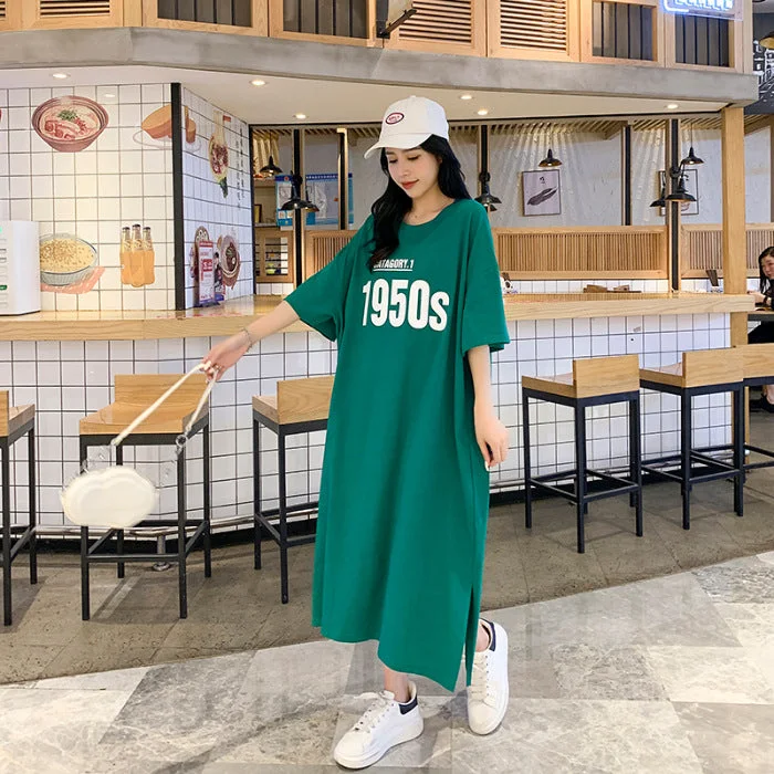 NiDELL Summer New Korean Korean Style Long over-the-Knee Dress Large Size Loose Chubby Girl T-shirt Women's Lazy Dress