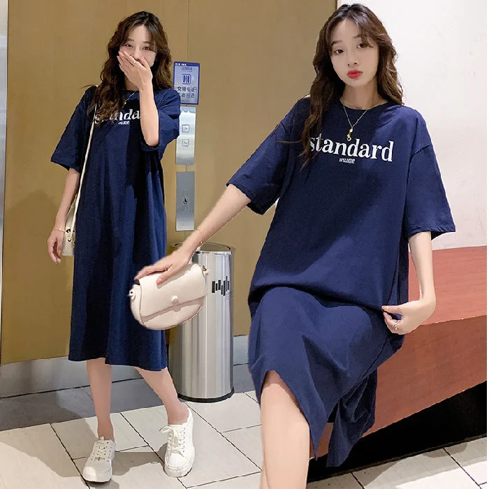 NiDELL Summer New Korean Style Large Size Fashionable Short Sleeve Loose Korean Style Floral Print Slit Mid-Length Dress T-shirt Women's Fashion