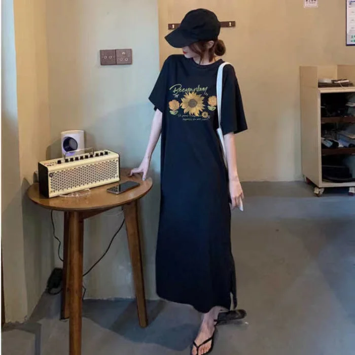 NiDELL Summer New Korean Style Large Size Women's Loose Dress Fat Sister Casual Long T-shirt Nightdress Lazy Dress