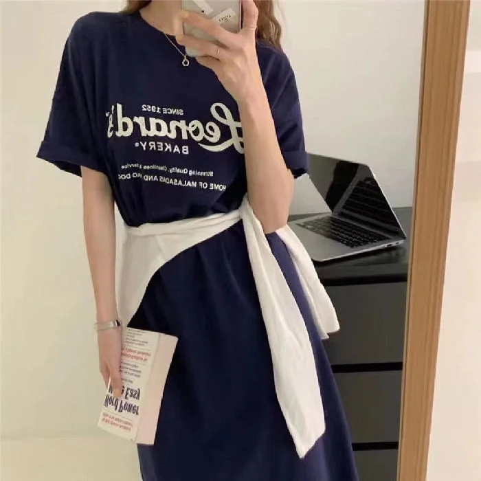 NiDELL Summer New Short Sleeve Loose Korean Leisure Simple Korean Style Floral Print Slit Mid-Length Dress T-shirt Women's Fashion