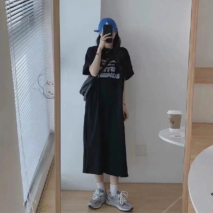 NiDELL Summer Short Sleeve T-shirt Skirt Women's Long below the Knee Elegant Loose Slimming Pleated Black Lazy Split Dress Fashion