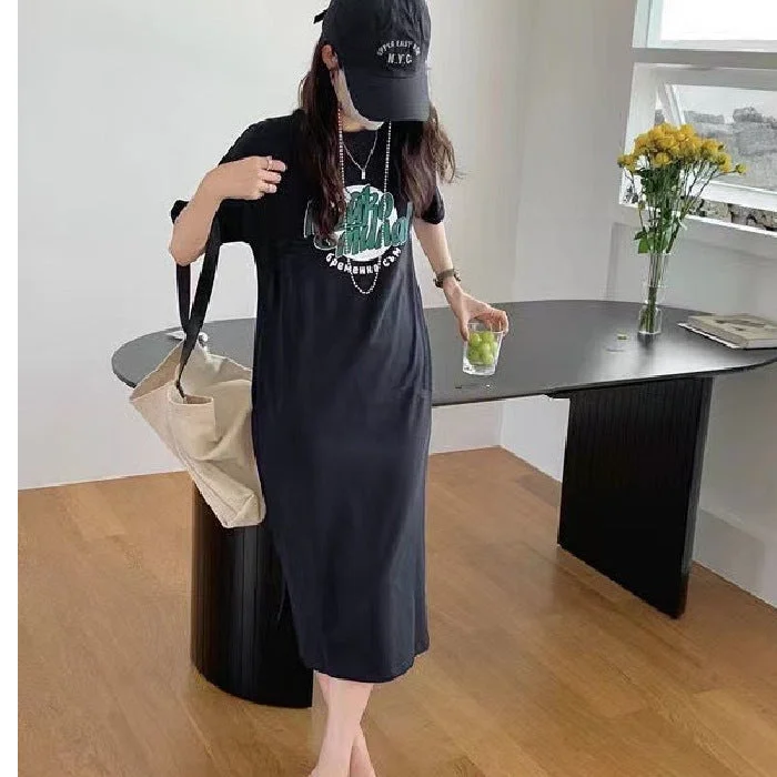 NiDELL Summer Short Sleeve T-shirt Skirt Women's Long below the Knee Temperament Casual Loose Slimming Fold Split Lazy Dress Fashion