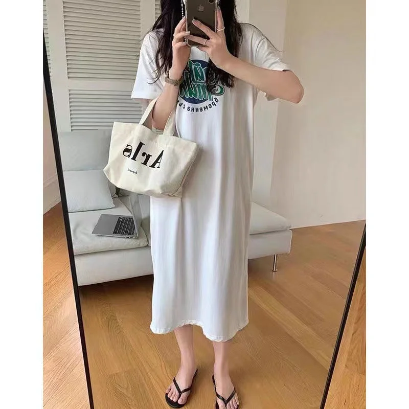 NiDELL Summer Short Sleeve T-shirt Skirt Women's Long below the Knee Temperament Casual Loose Slimming Fold Split Lazy Dress Fashion