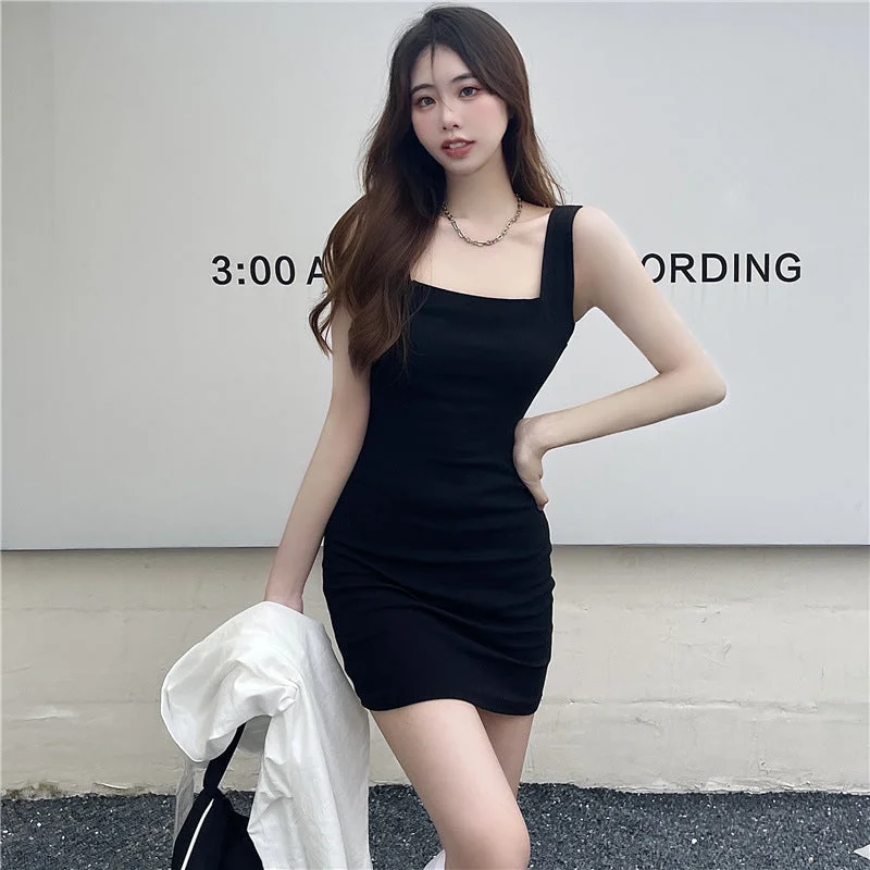 NiDELL . Summer Women's Korean-Style Sexy Waist-Controlled Slim Fit Slimming Square Collar Dress Women's Sling Black Sheath Skirt