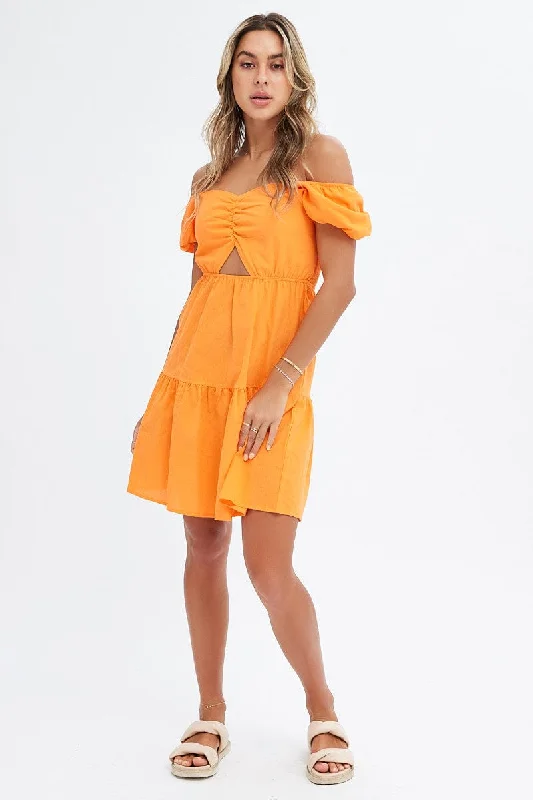 Orange Puff Sleeve Cut Out Skater Dress