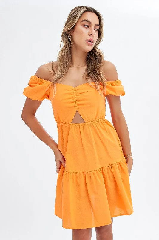 Orange Puff Sleeve Cut Out Skater Dress