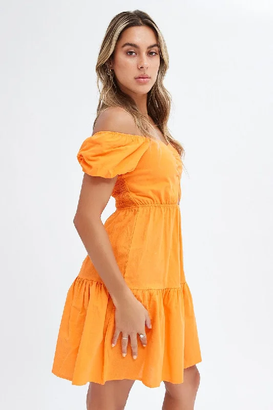 Orange Puff Sleeve Cut Out Skater Dress