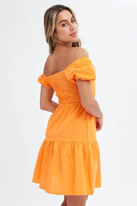 Orange Puff Sleeve Cut Out Skater Dress