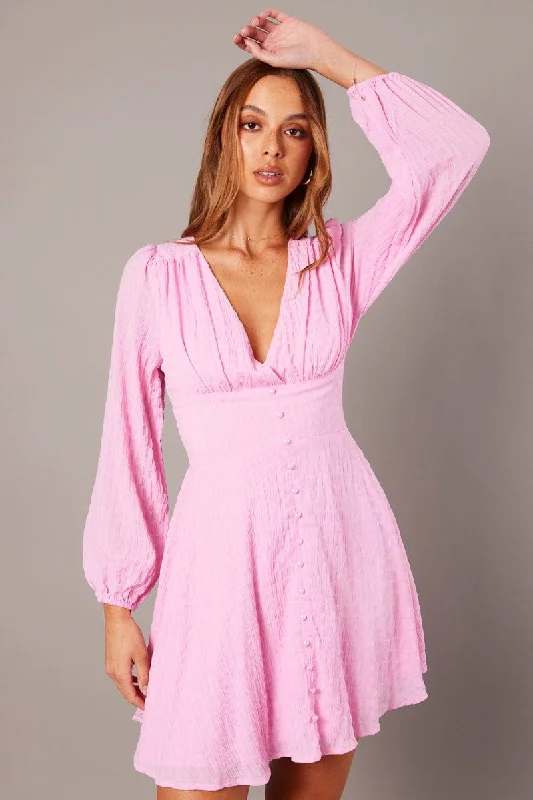 Pink Fit And Flare Dress Long Sleeve