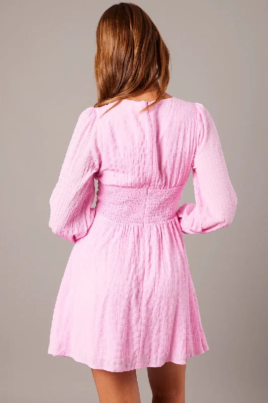 Pink Fit And Flare Dress Long Sleeve