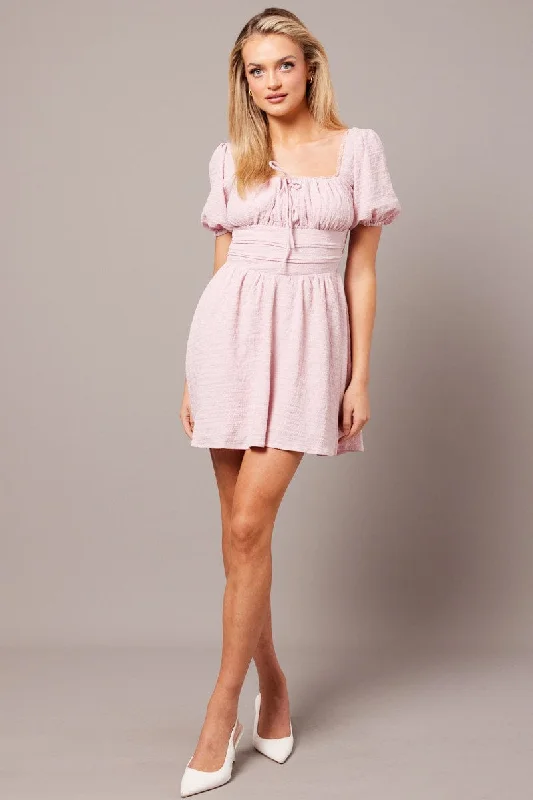 Pink Fit And Flare Dress Puff Sleeve