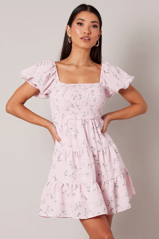 Pink Floral Fit And Flare Dress Puff Sleeve