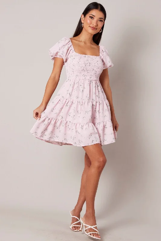 Pink Floral Fit And Flare Dress Puff Sleeve