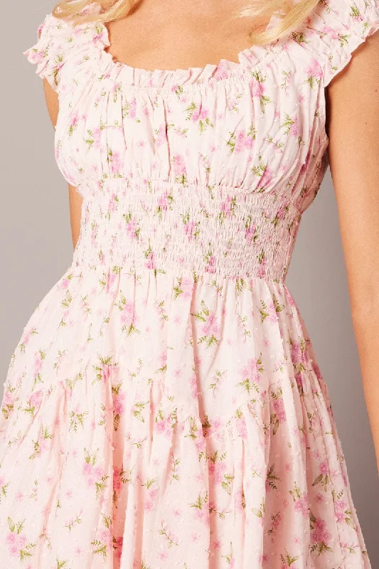 Pink Floral Fit And Flare Dress Puff Sleeve