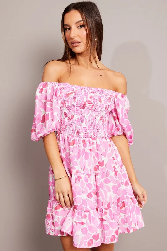 Pink Floral Fit And Flare Dress Puff Sleeve