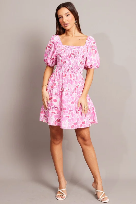 Pink Floral Fit And Flare Dress Puff Sleeve