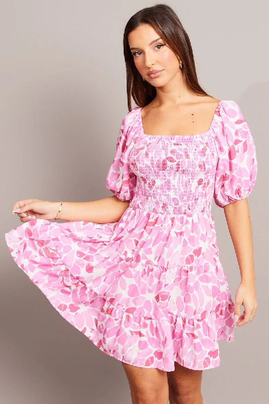 Pink Floral Fit And Flare Dress Puff Sleeve