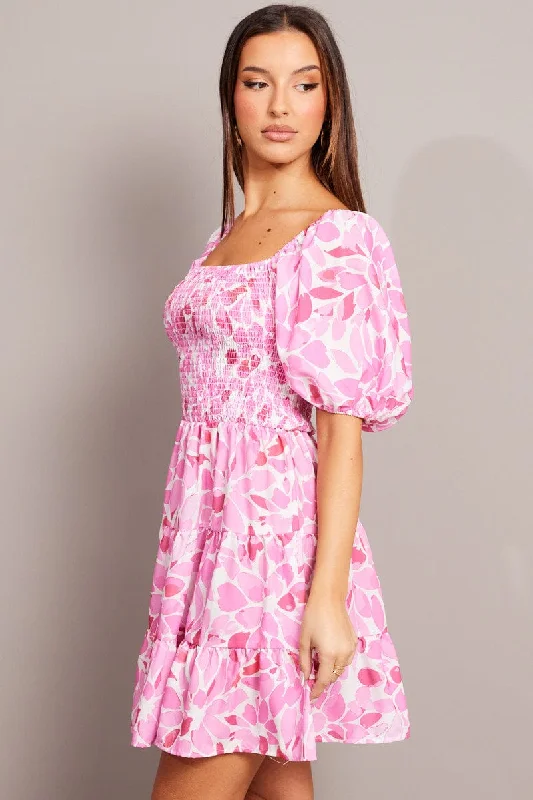 Pink Floral Fit And Flare Dress Puff Sleeve