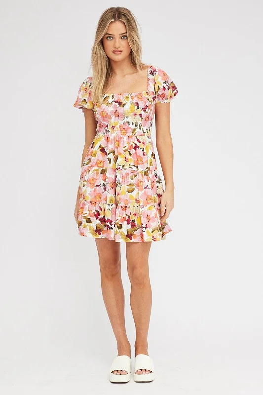 Pink Floral Fit and Flare Dress Short Sleeve Shirred