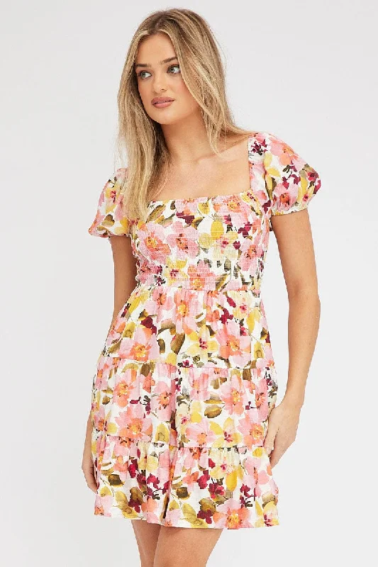 Pink Floral Fit and Flare Dress Short Sleeve Shirred