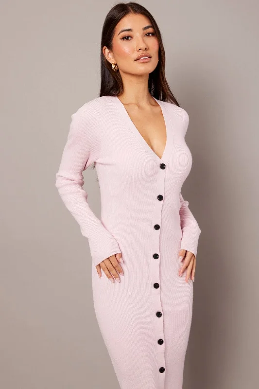 Pink Knit Dress Long Sleeve Button Front