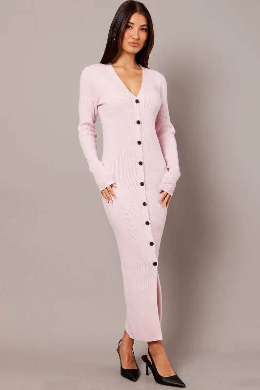 Pink Knit Dress Long Sleeve Button Front