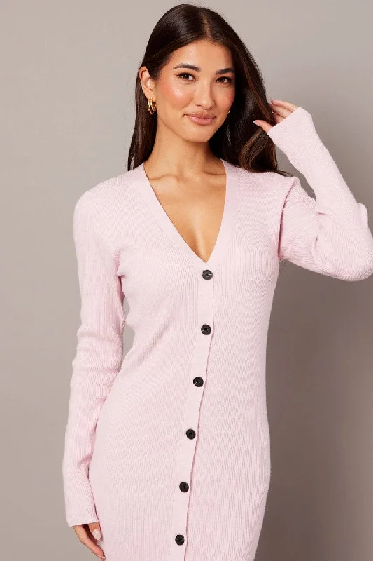 Pink Knit Dress Long Sleeve Button Front