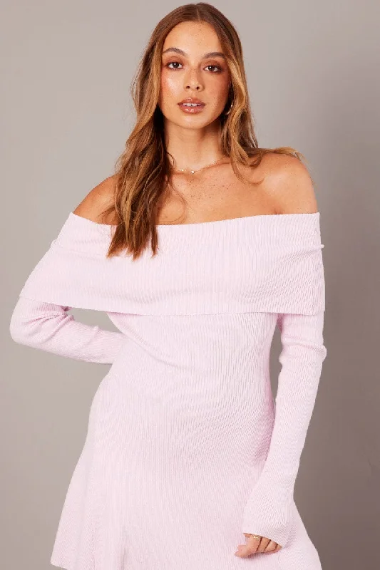 Pink Knit Dress Long Sleeve Off Shoulder