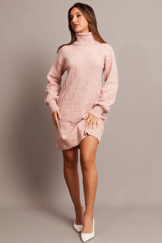 Pink Knit Dress Long Sleeve Turtle Neck