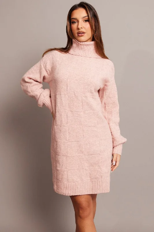 Pink Knit Dress Long Sleeve Turtle Neck