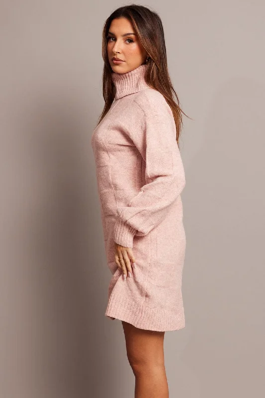 Pink Knit Dress Long Sleeve Turtle Neck