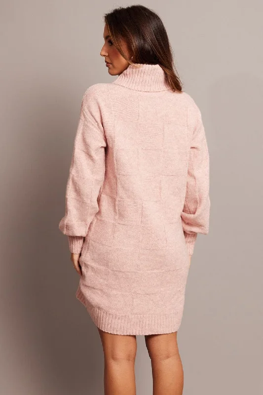 Pink Knit Dress Long Sleeve Turtle Neck