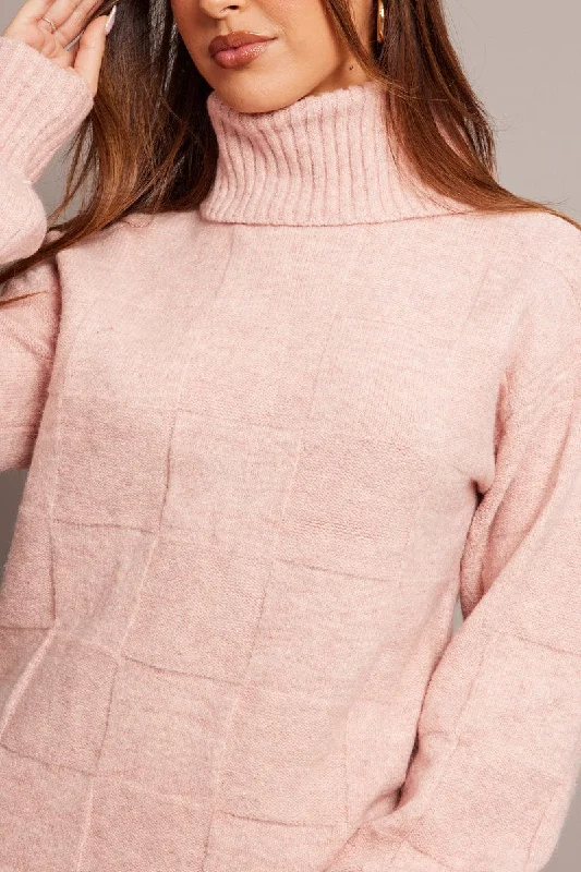 Pink Knit Dress Long Sleeve Turtle Neck