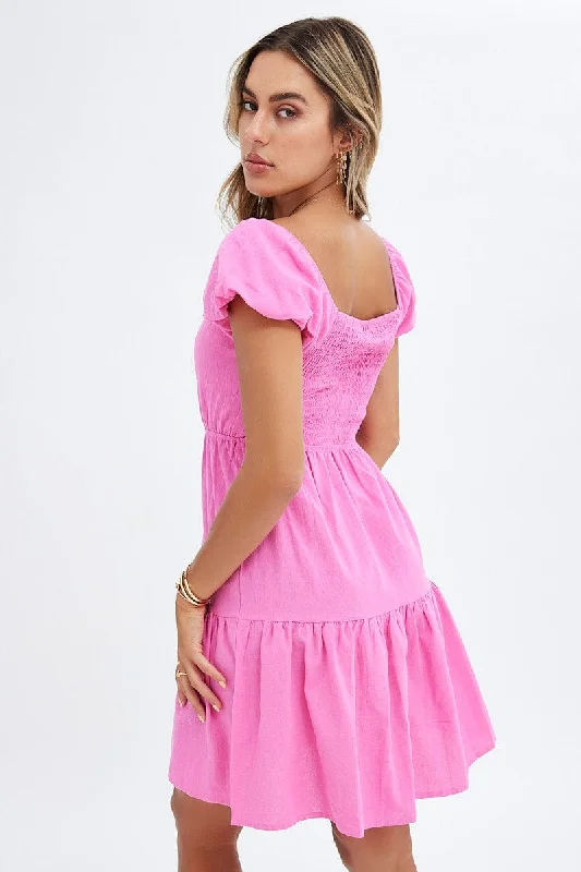 Pink Puff Sleeve Cut Out Skater Dress