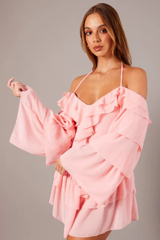 Pink Ruffle Dress Bardot Layered Frill Sleeve Dress