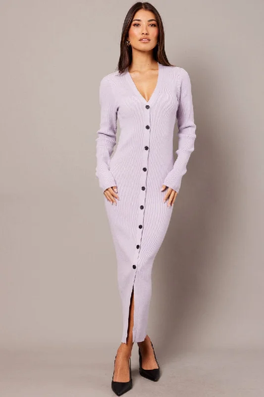 Purple Knit Dress Long Sleeve Button Front