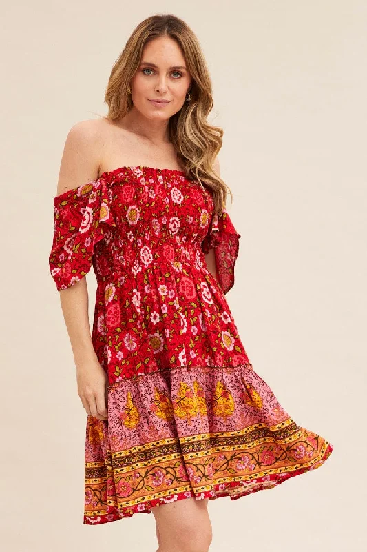 Red Boho Short Sleeve Boho Skater Dress