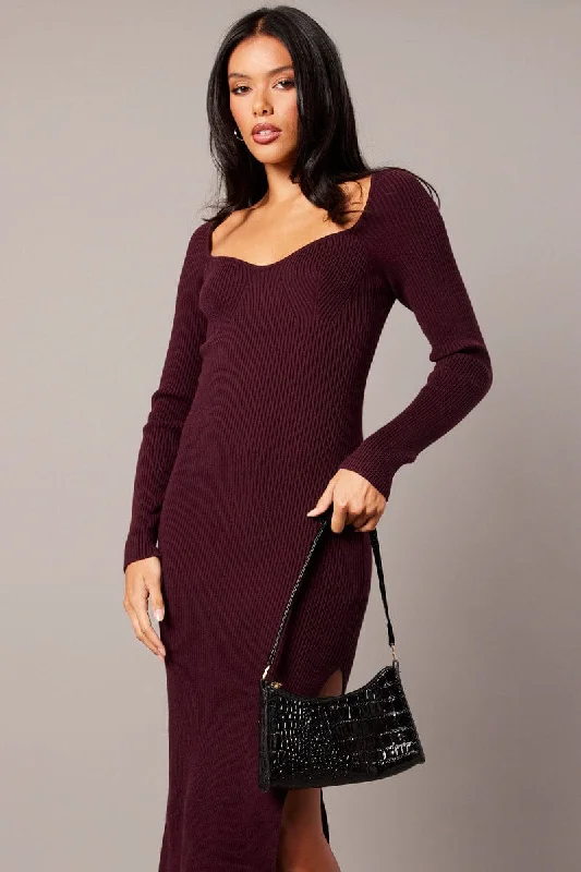 Red Knit Dress Long Sleeve Sweet Heart Neck