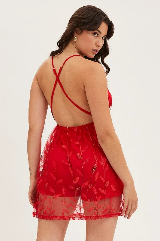 Red Skater Sequin Dress Backless V Neck