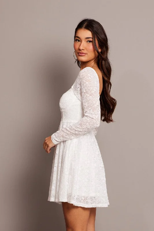 White Fit And Flare Dress Long Sleeve Lace