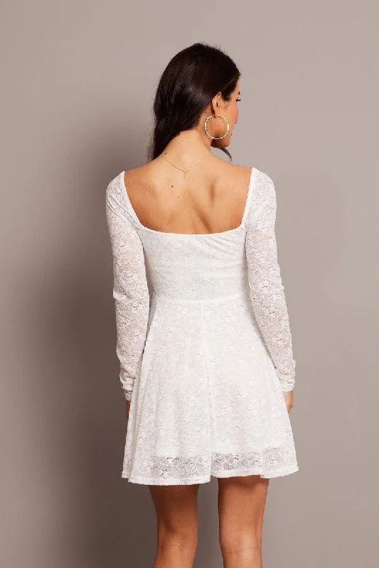 White Fit And Flare Dress Long Sleeve Lace