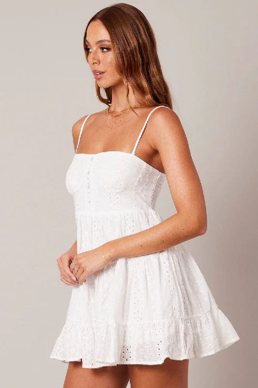 White Fit and Flare Dress Sleeveless Broidery