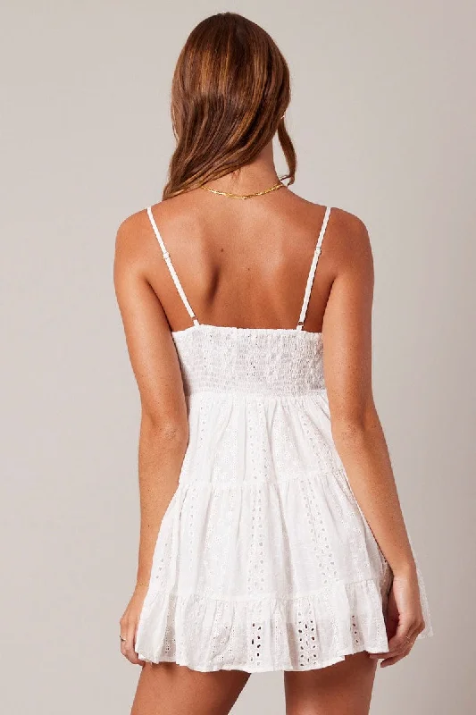 White Fit and Flare Dress Sleeveless Broidery