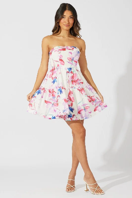 White Floral Fit and Flare Dress Boob Tube